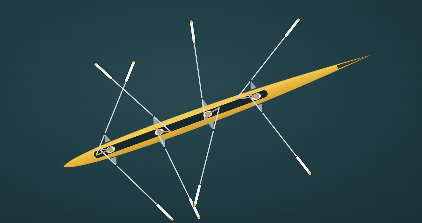 An aerial illustration of a four-person rowing team viewed from above, with oars extended at mismatched angles — a visual metaphor for what happens when capable teams work hard without shared strategic direction, and why alignment between effort and intention determines whether an organization moves forward together or simply stays busy.