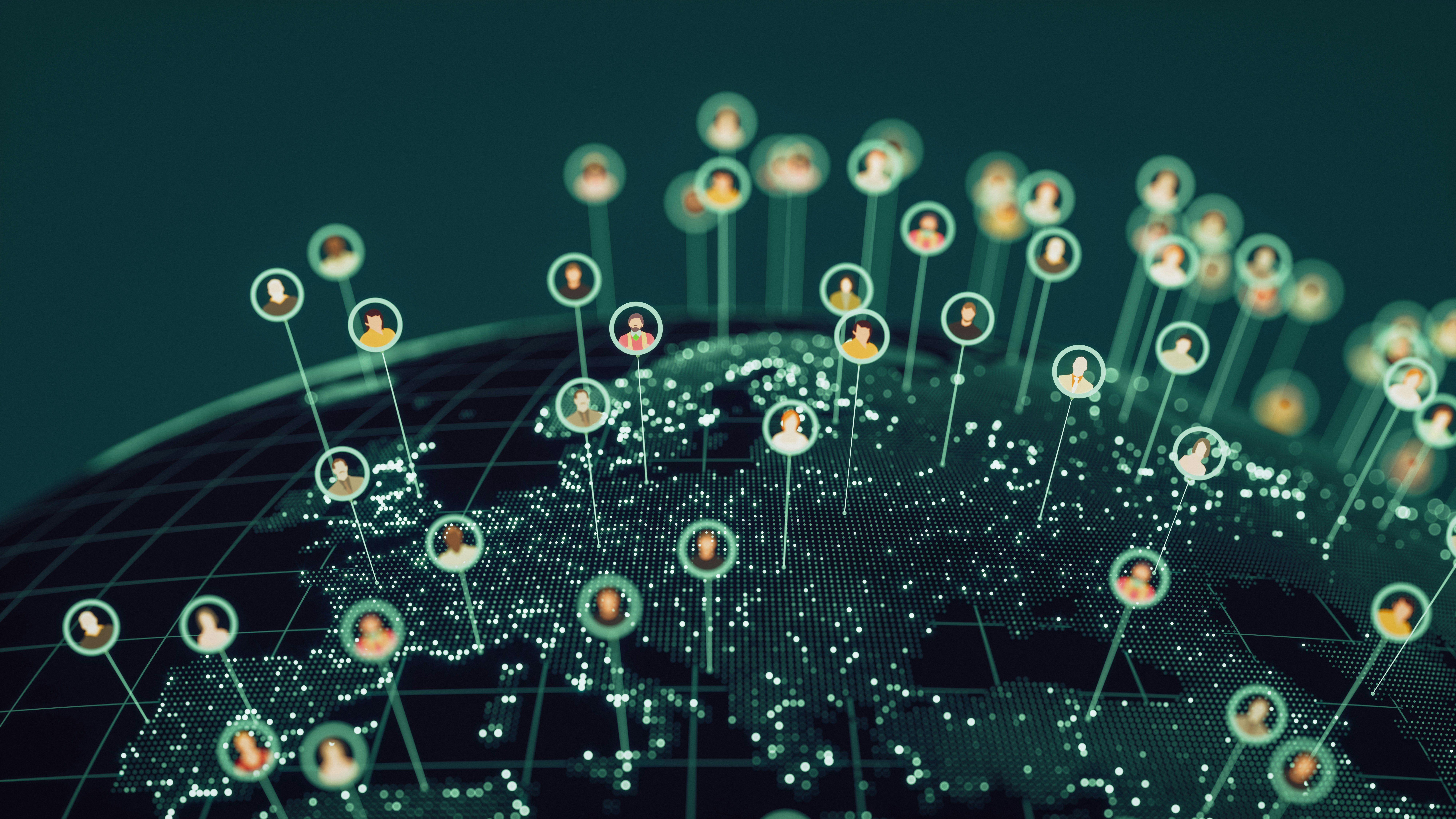 Digital map of the world featuring interconnected individuals, symbolizing community, communication, and global engagement.