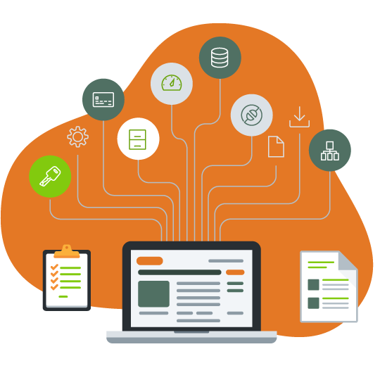 Illustration of a laptop computer with software and tech icons floating above it