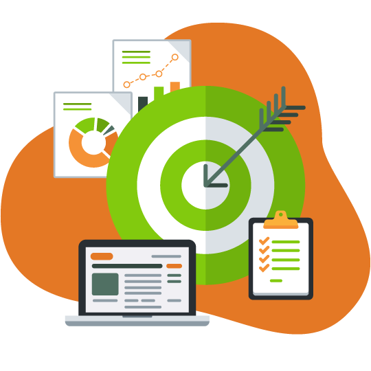 Illustration of an arrow hitting a bullseye with charts and documents surrounding it